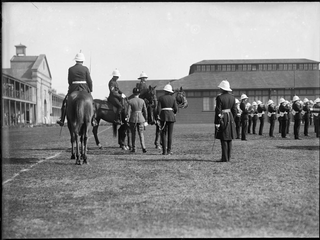 Archival military parade at Victoria Barracks in Sydney, illustrating the site's long-standing military and ceremonial role.