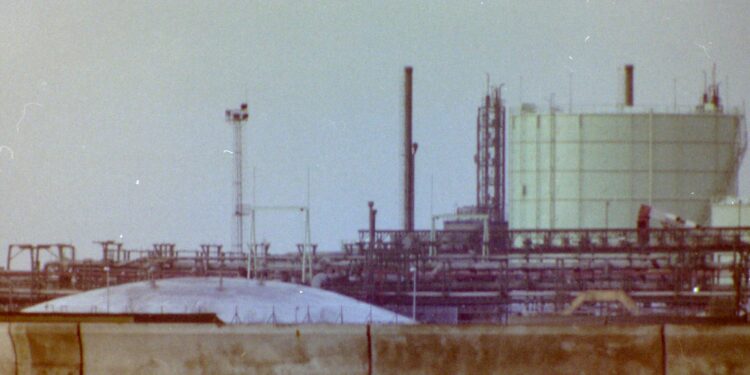 Large gas storage tanks at the liquefied natural gas terminal on Canvey Island in the United Kingdom.