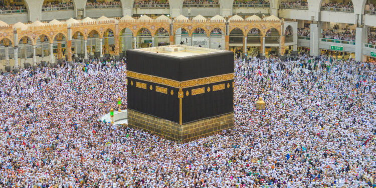 Pilgrims performing tawaf around the Kaaba at the Grand Mosque in Makkah.